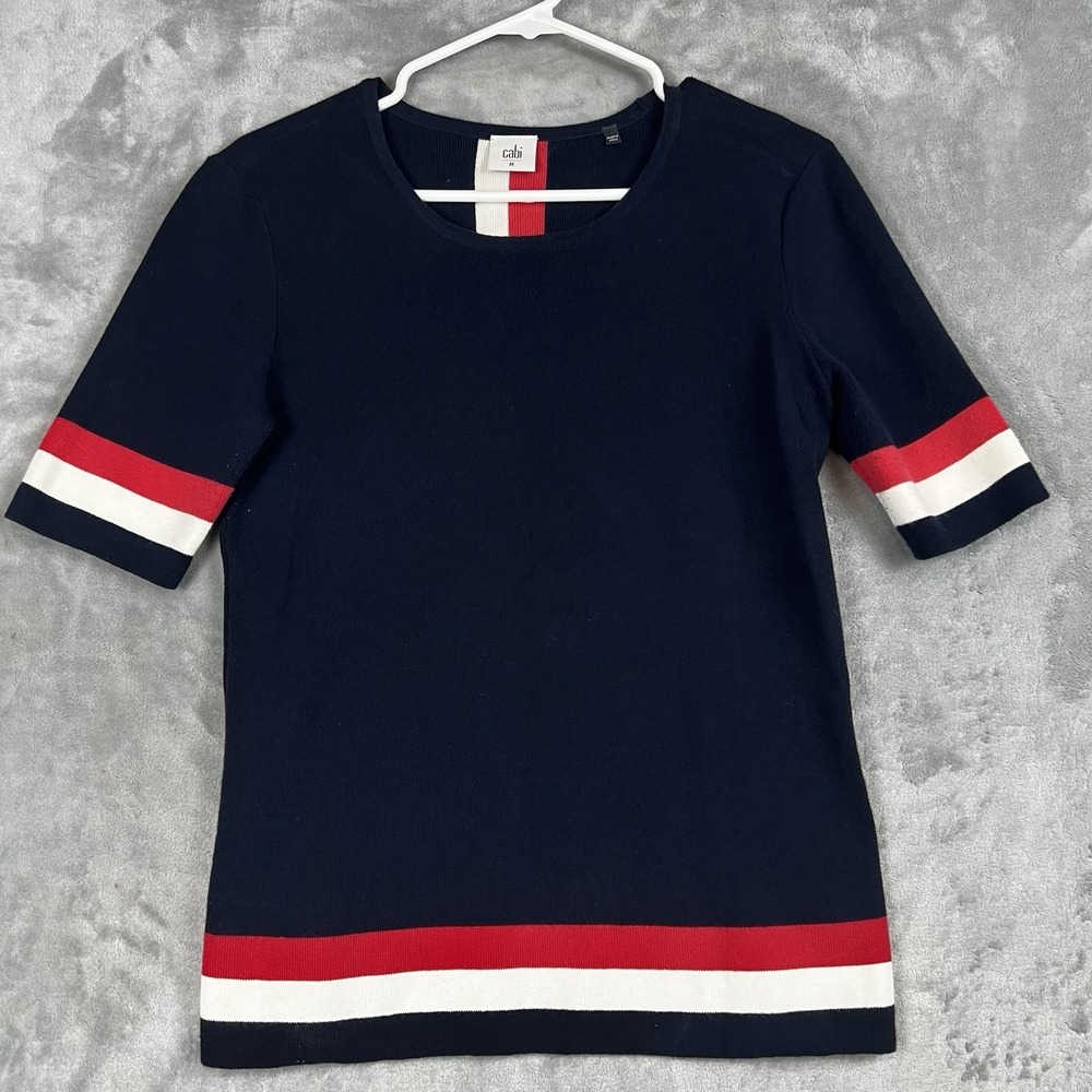 Cabi Navy Blue Red White Striped Short Sleeve Knit Sweater Top Size Medium